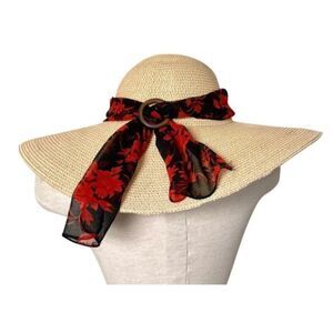 Milani large straw hat with red and black scarf